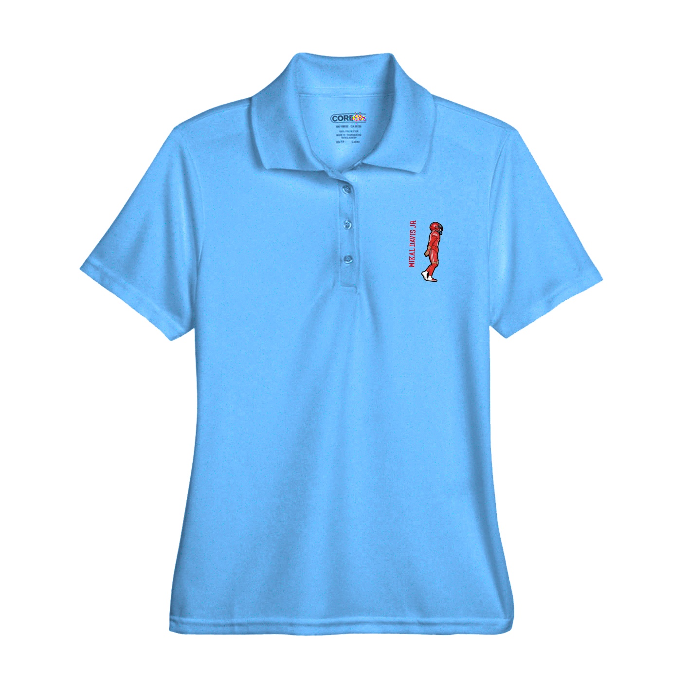 Womens Performance Polo — Name Vertical in Light Blue