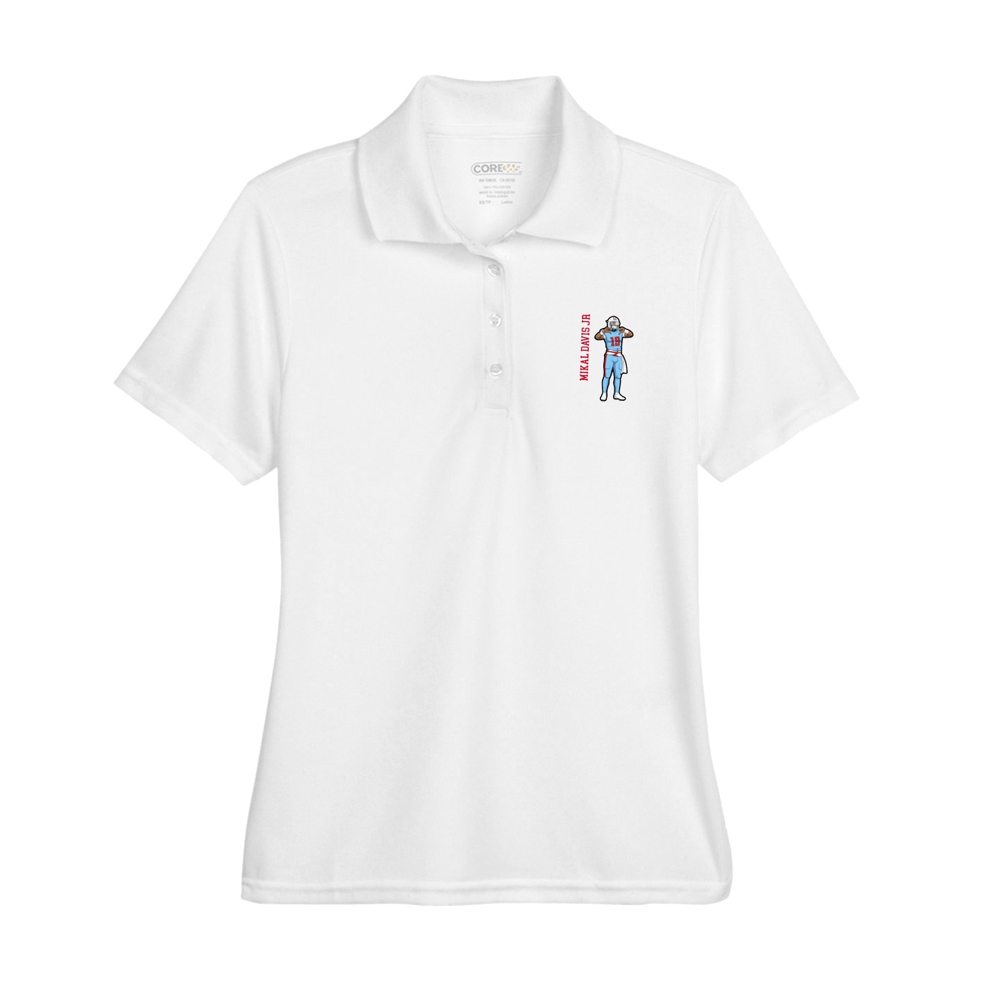 Womens Performance Polo — Name Vertical in White