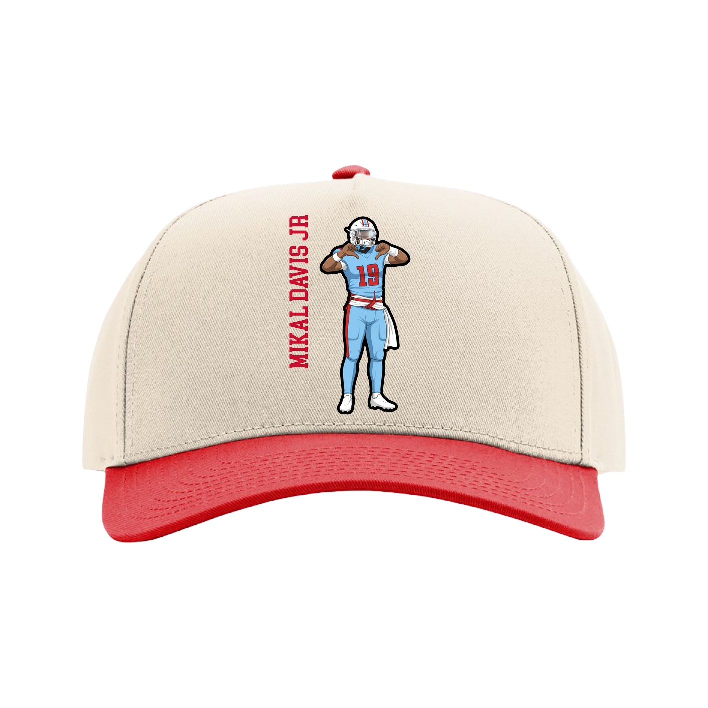 Full Fabric Five-Panel Champ Cap — Name Vertical in Cream/Red