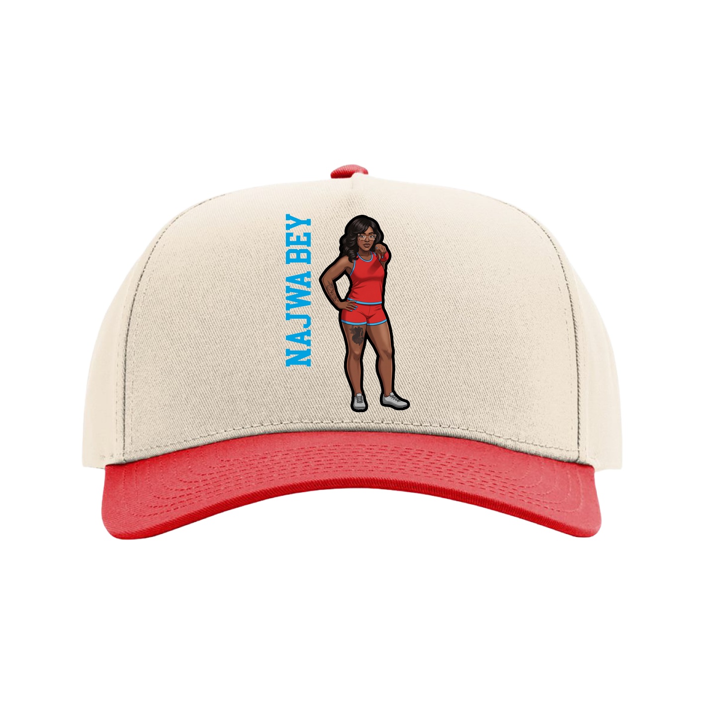 Full Fabric Five-Panel Champ Cap — Name Vertical in Cream/Red