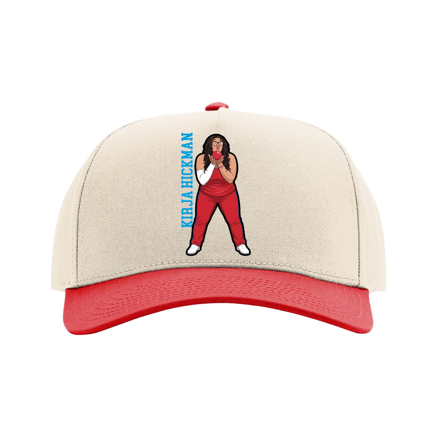 Full Fabric Five-Panel Champ Cap — Name Vertical in Cream/Red