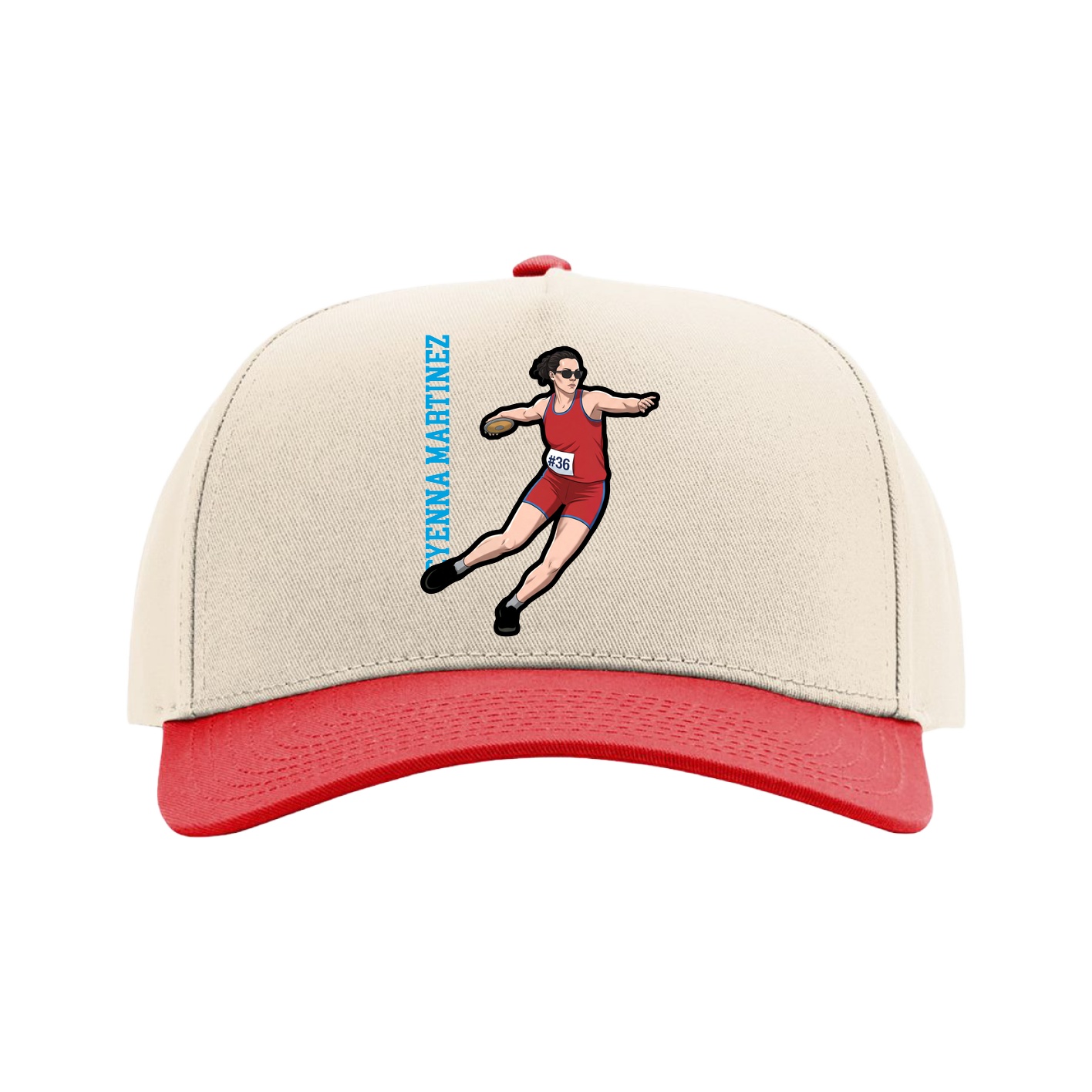 Full Fabric Five-Panel Champ Cap — Name Vertical in Cream/Red