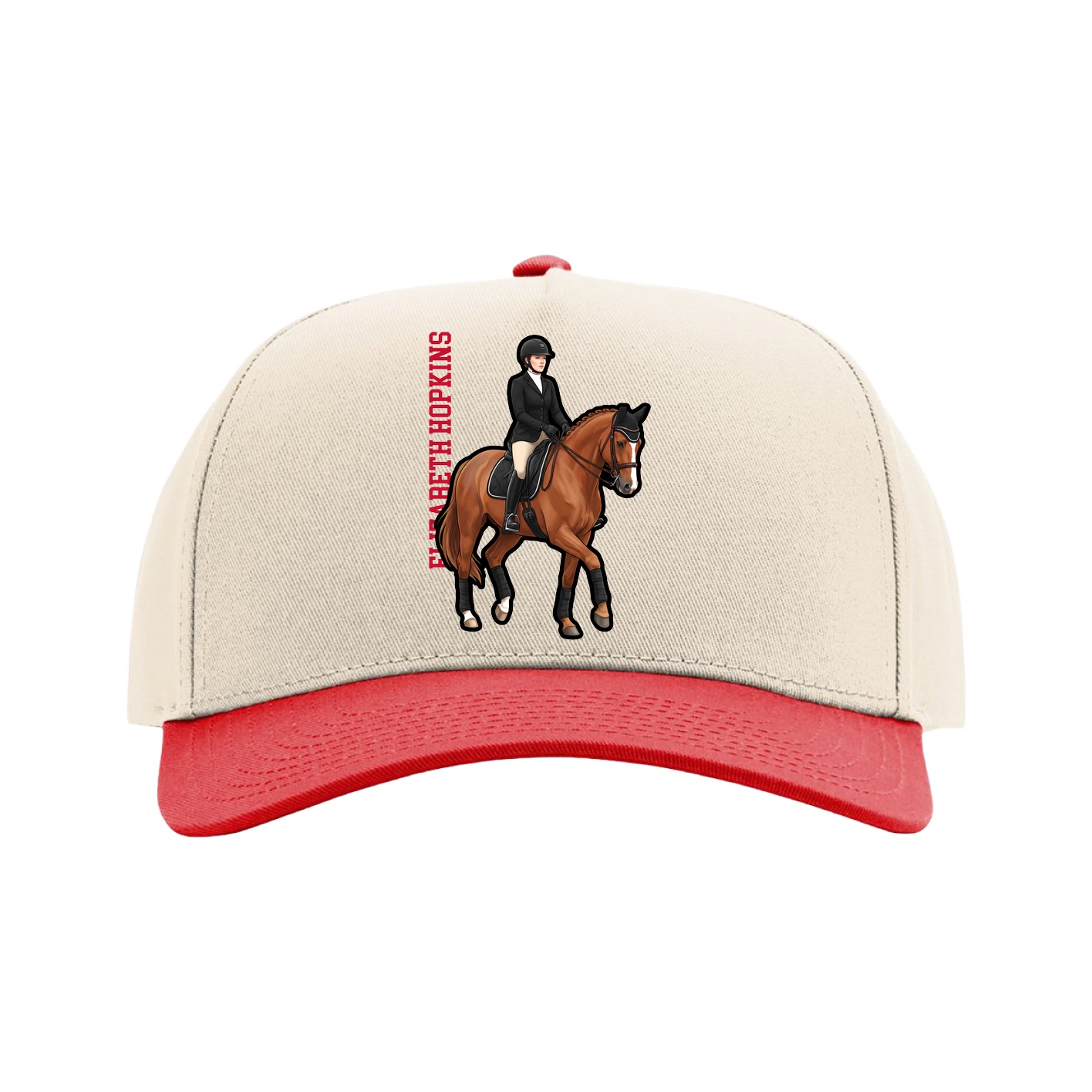 Full Fabric Five-Panel Champ Cap — Name Vertical in Cream/Red