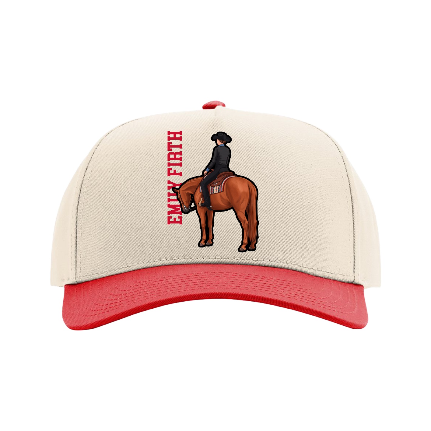 Full Fabric Five-Panel Champ Cap — Name Vertical in Cream/Red