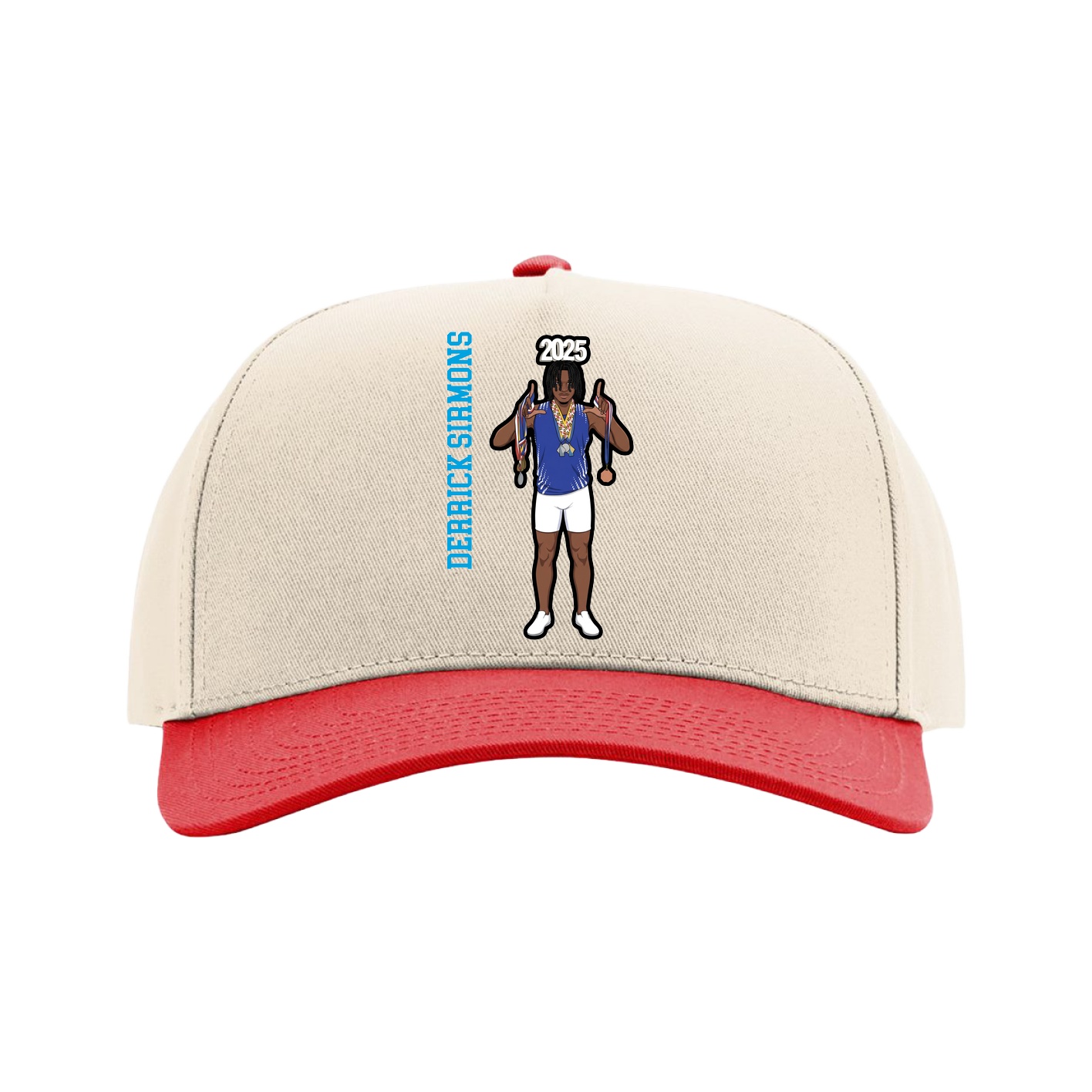Full Fabric Five-Panel Champ Cap — Name Vertical in Cream/Red