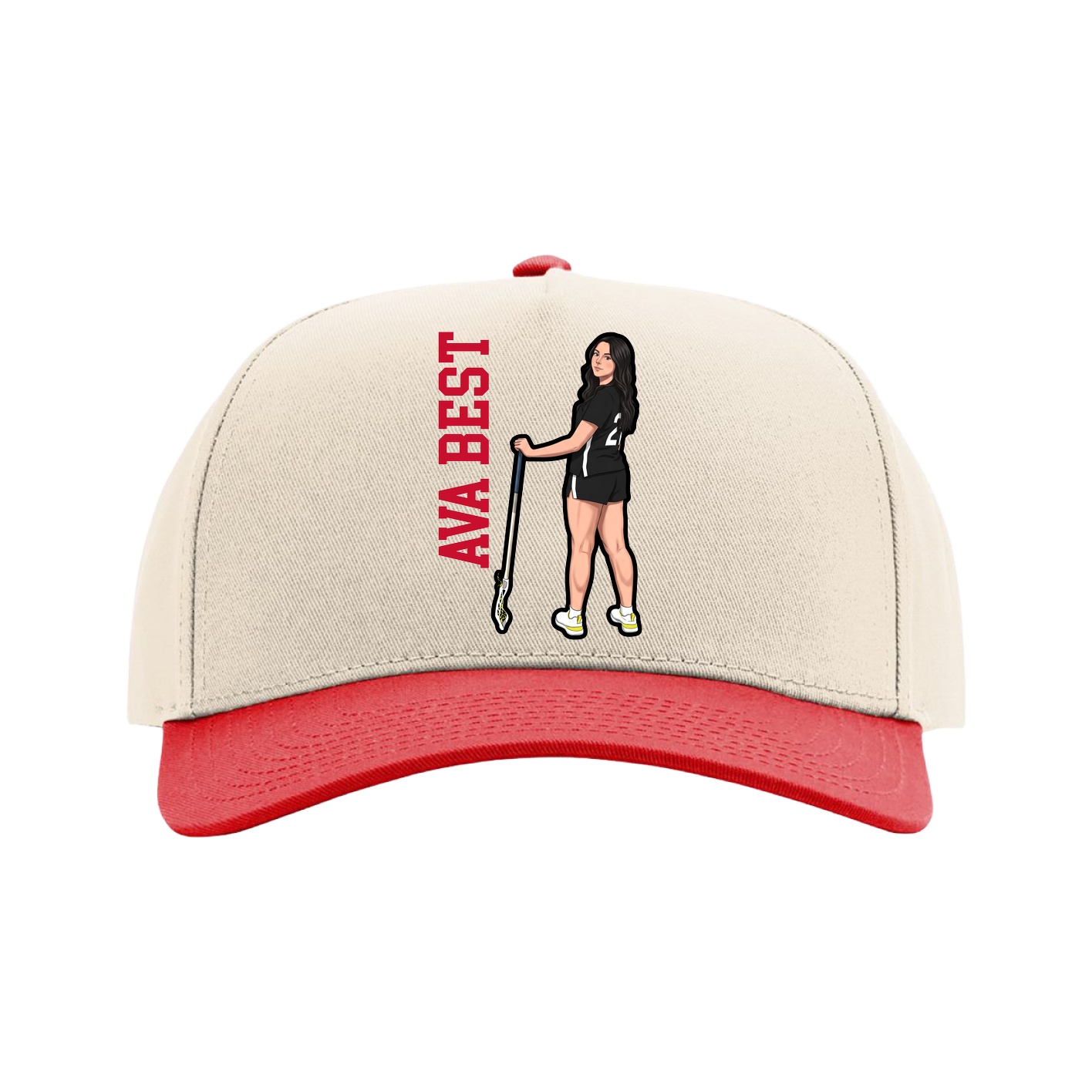 Full Fabric Five-Panel Champ Cap — Name Vertical in Cream/Red