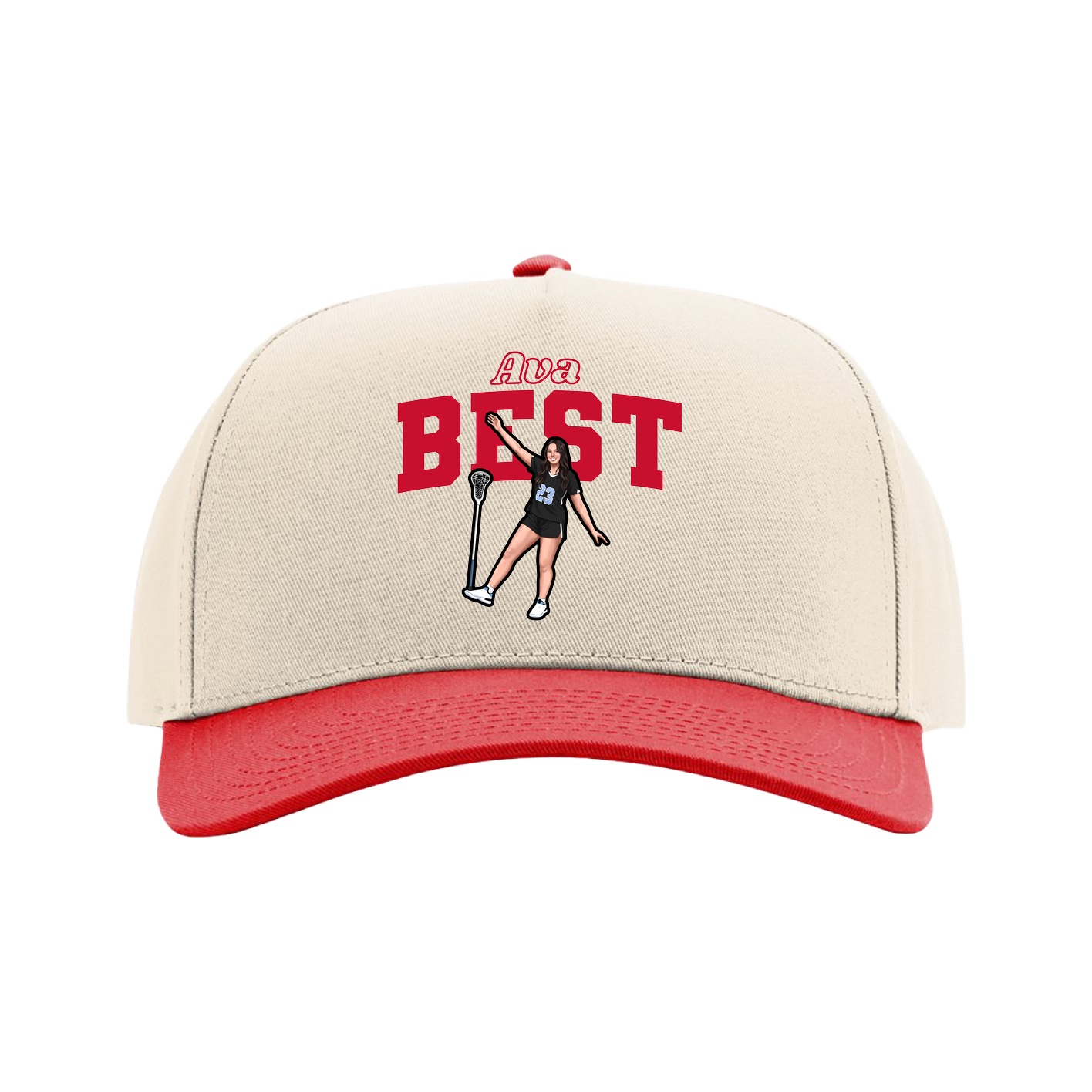 Full Fabric Five-Panel Champ Cap — Name Arch in Cream/Red