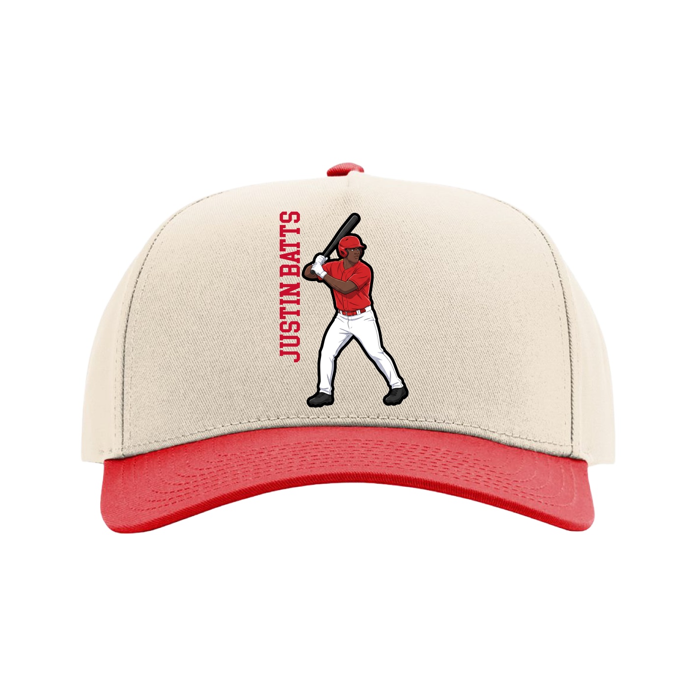 Full Fabric Five-Panel Champ Cap — Name Vertical in Cream/Red