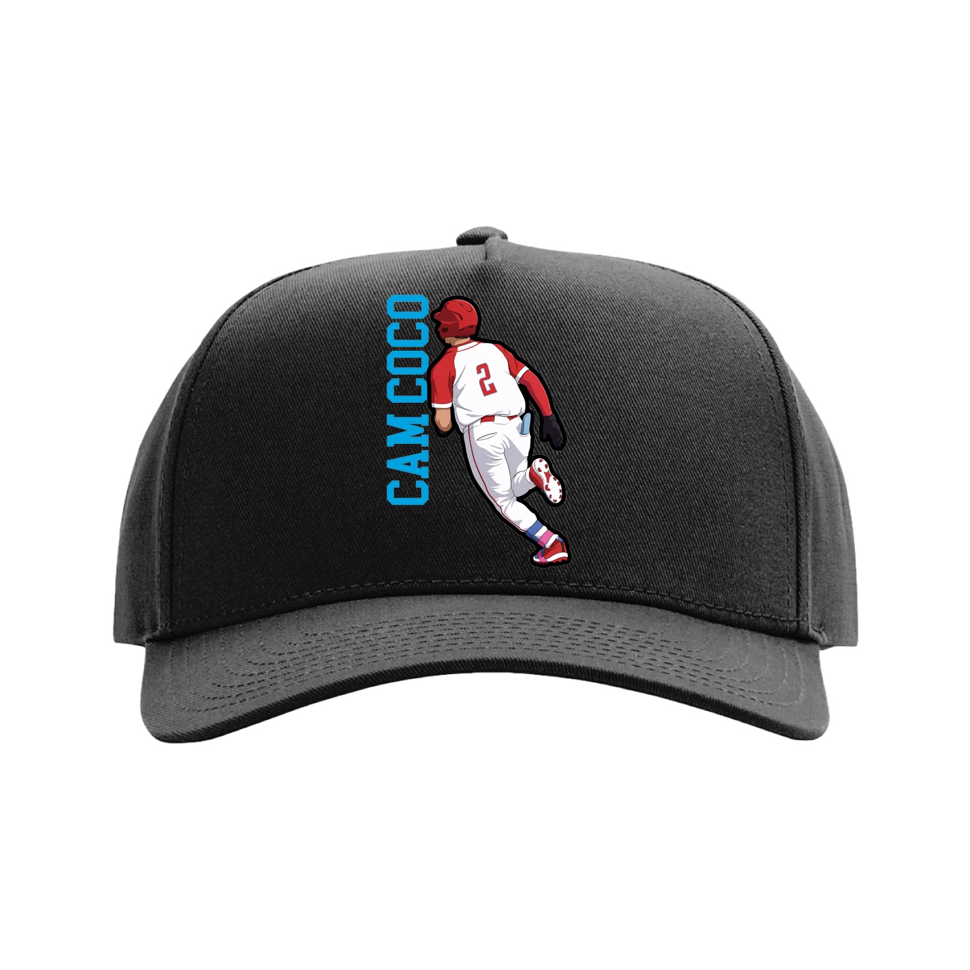 Full Fabric Five-Panel Champ Cap — Name Vertical in Black