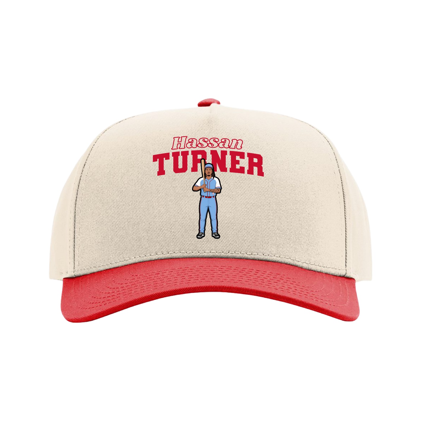Full Fabric Five-Panel Champ Cap — Name Arch in Cream/Red