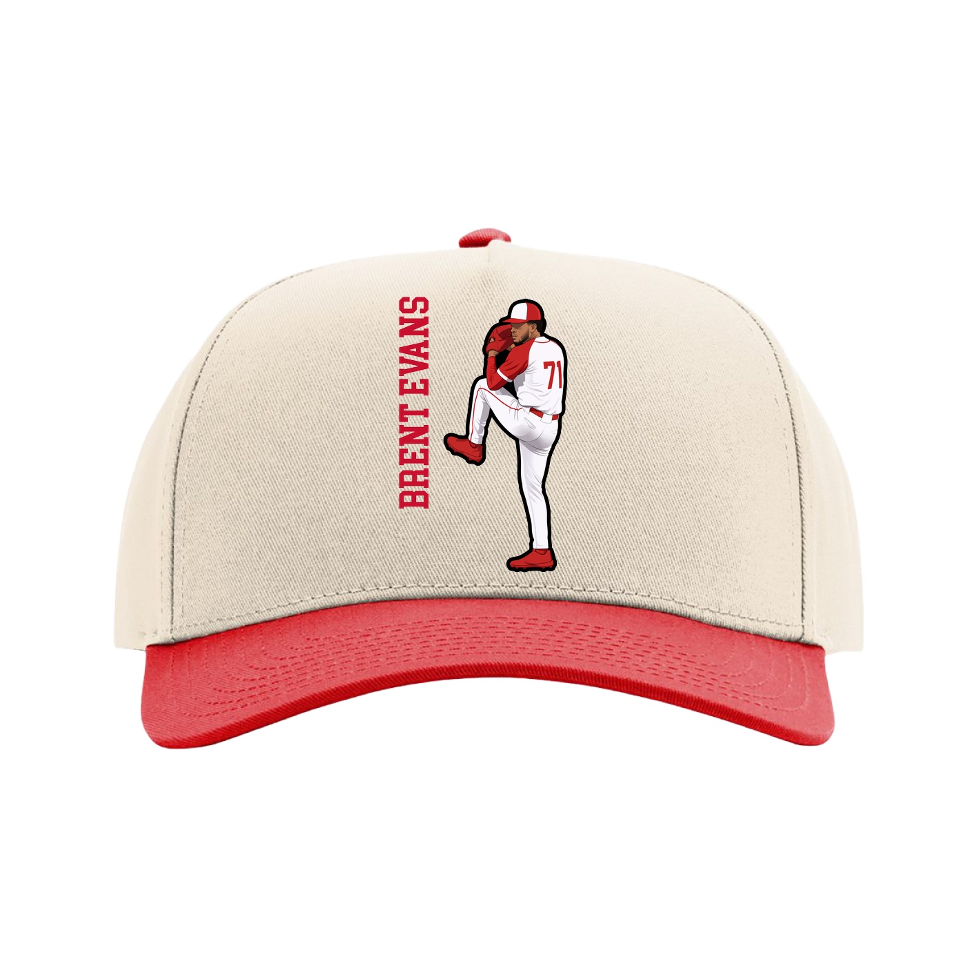 Full Fabric Five-Panel Champ Cap — Name Vertical in Cream/Red