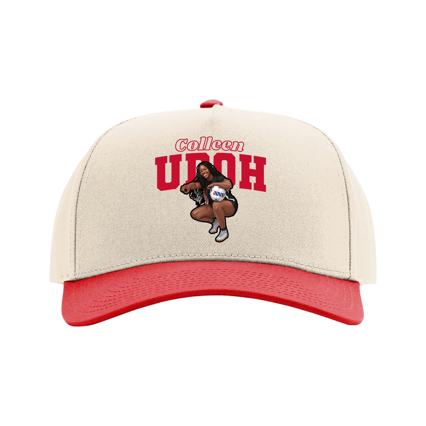 Full Fabric Five-Panel Champ Cap — Name Arch in Cream/Red
