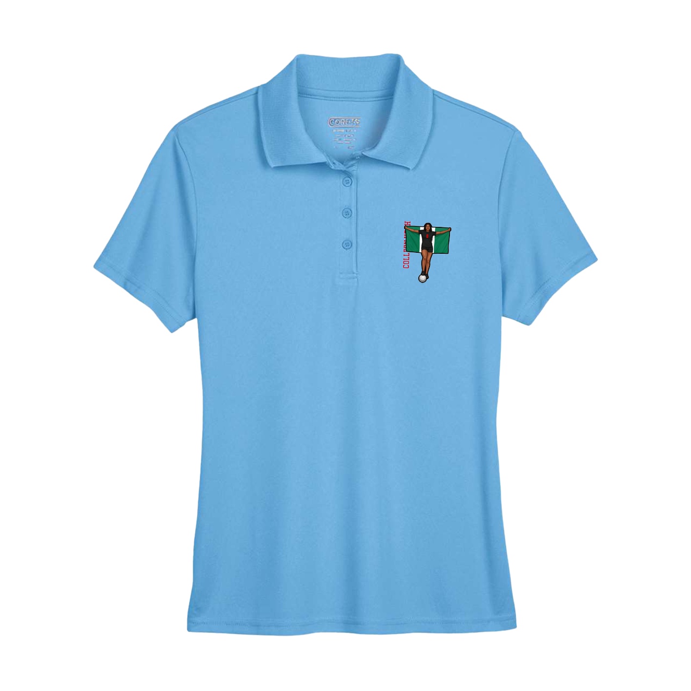 Womens Performance Polo — Name Vertical in Powder Blue
