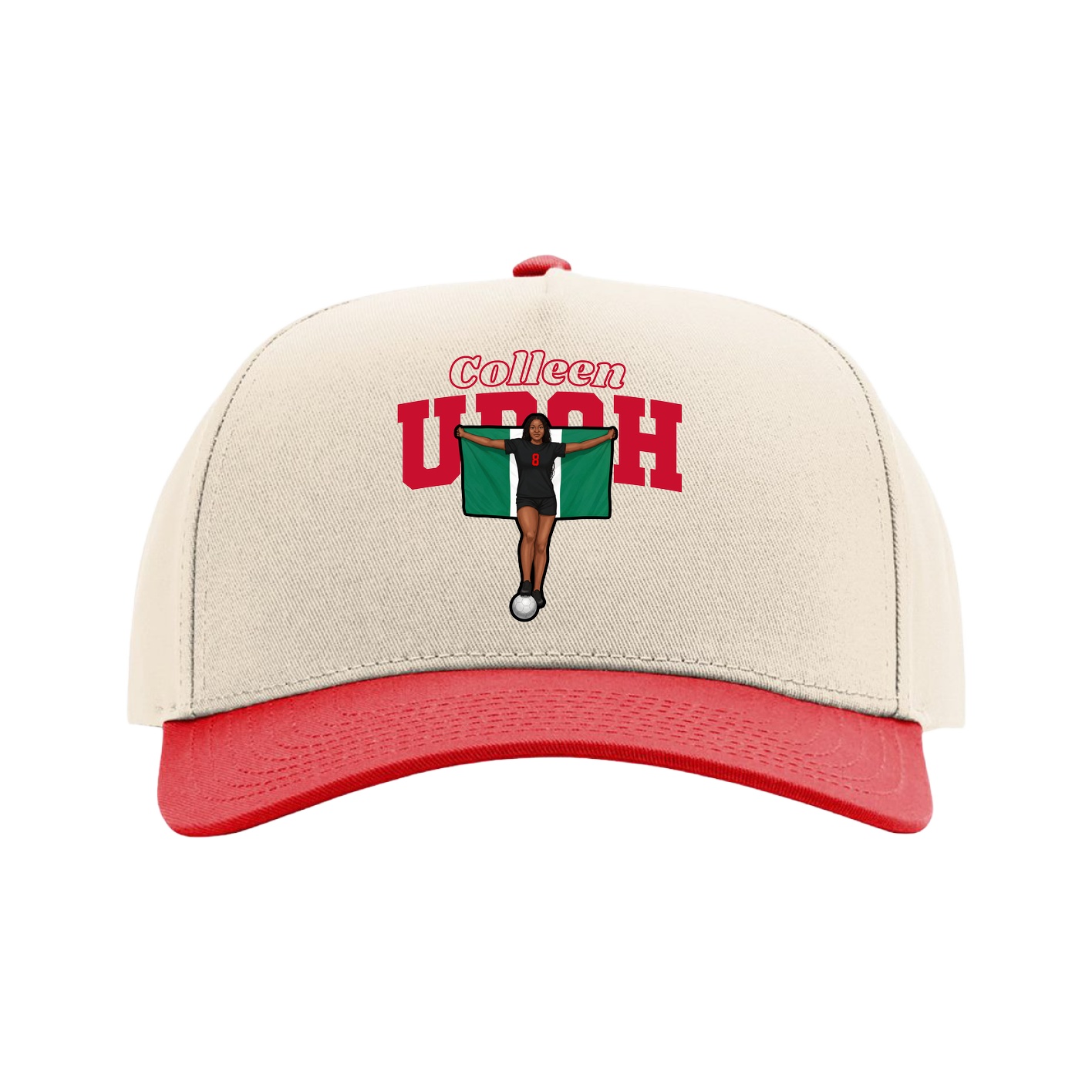 Full Fabric Five-Panel Champ Cap — Name Arch in Cream/Red