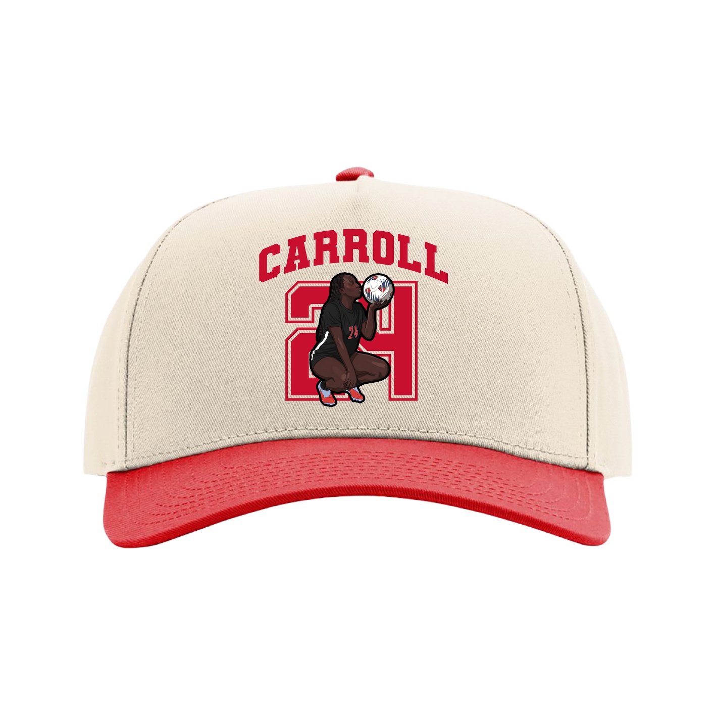 Full Fabric Five-Panel Champ Cap — Number in Cream/Red