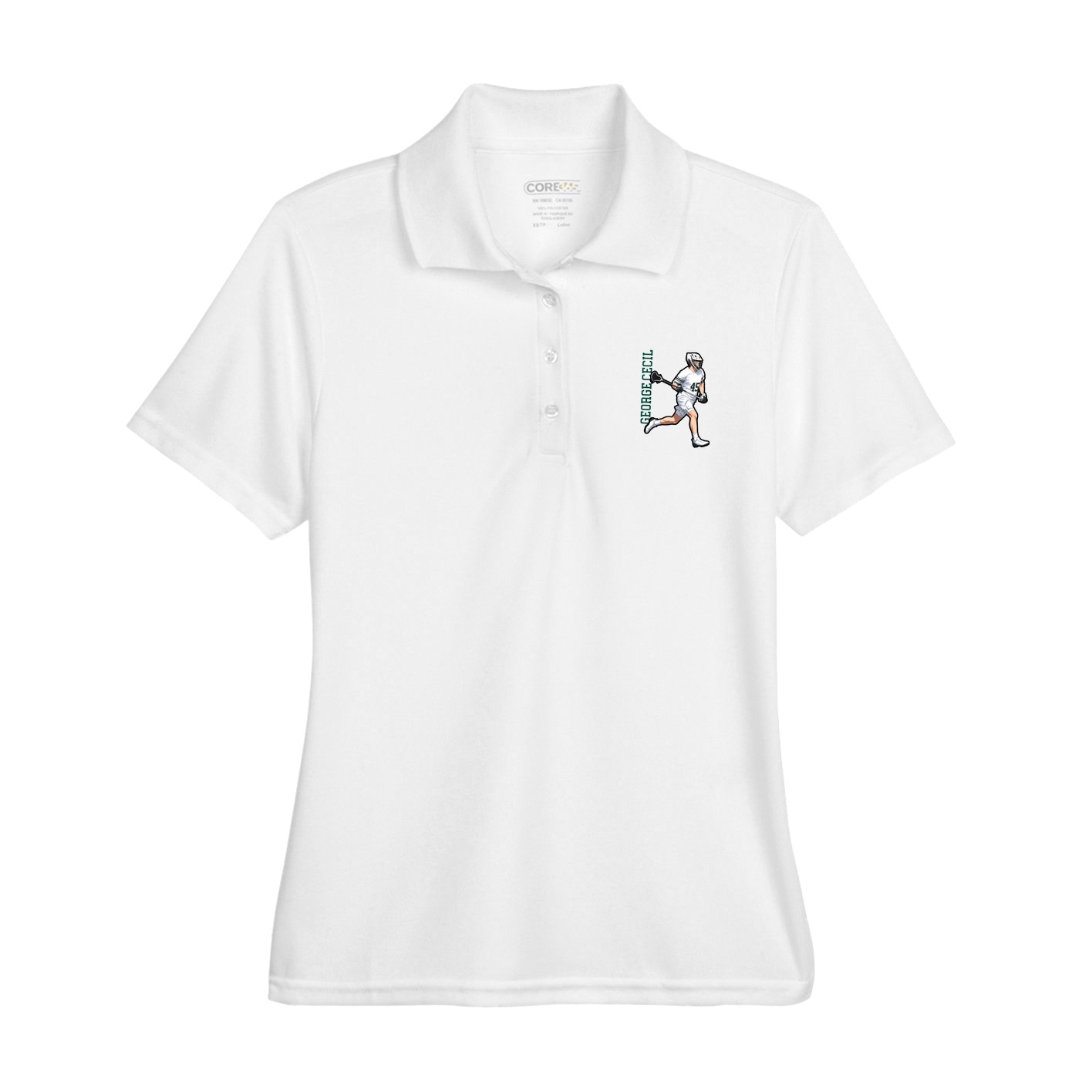 Womens Performance Polo — Name Vertical in White
