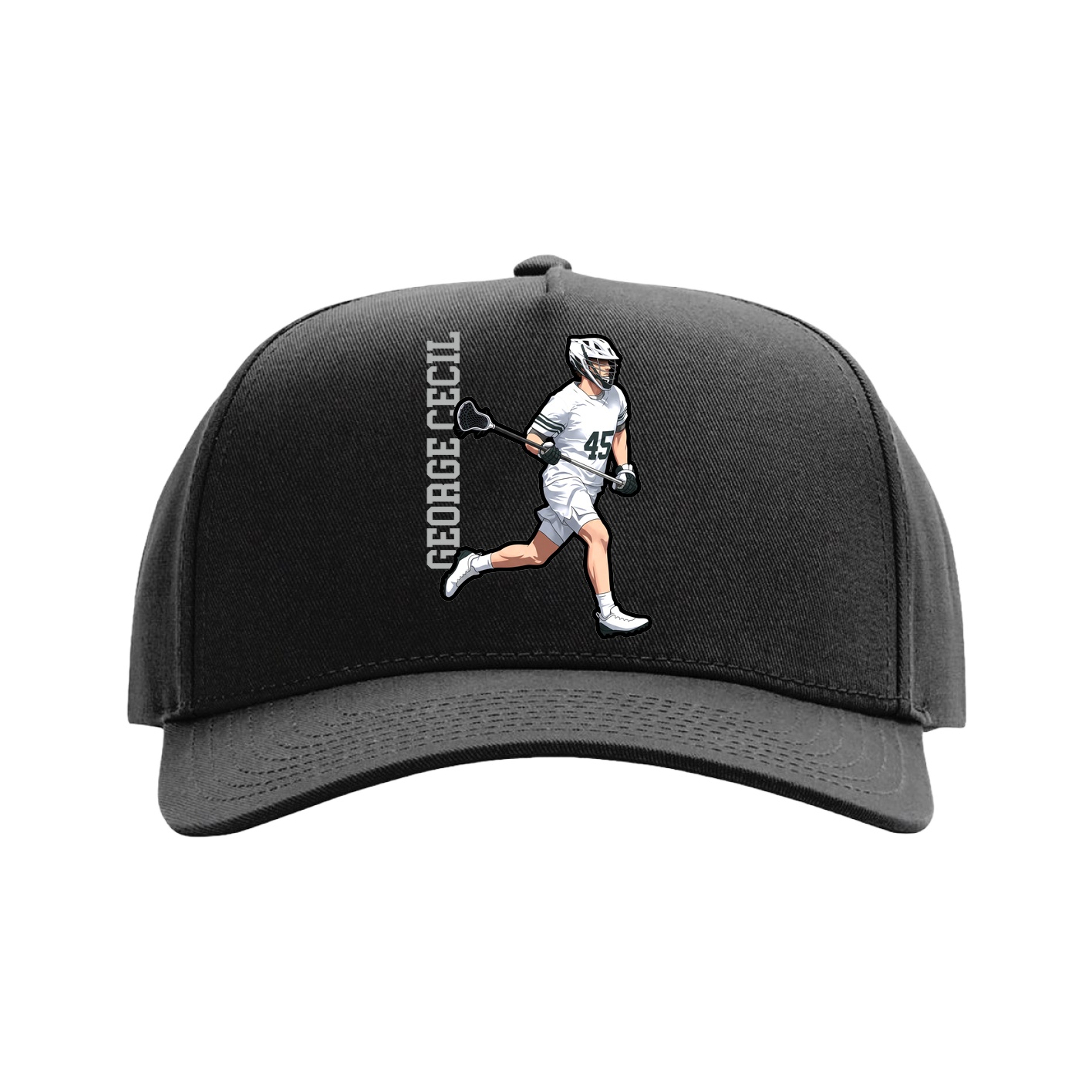 Full Fabric Five-Panel Champ Cap — Name Vertical in Black