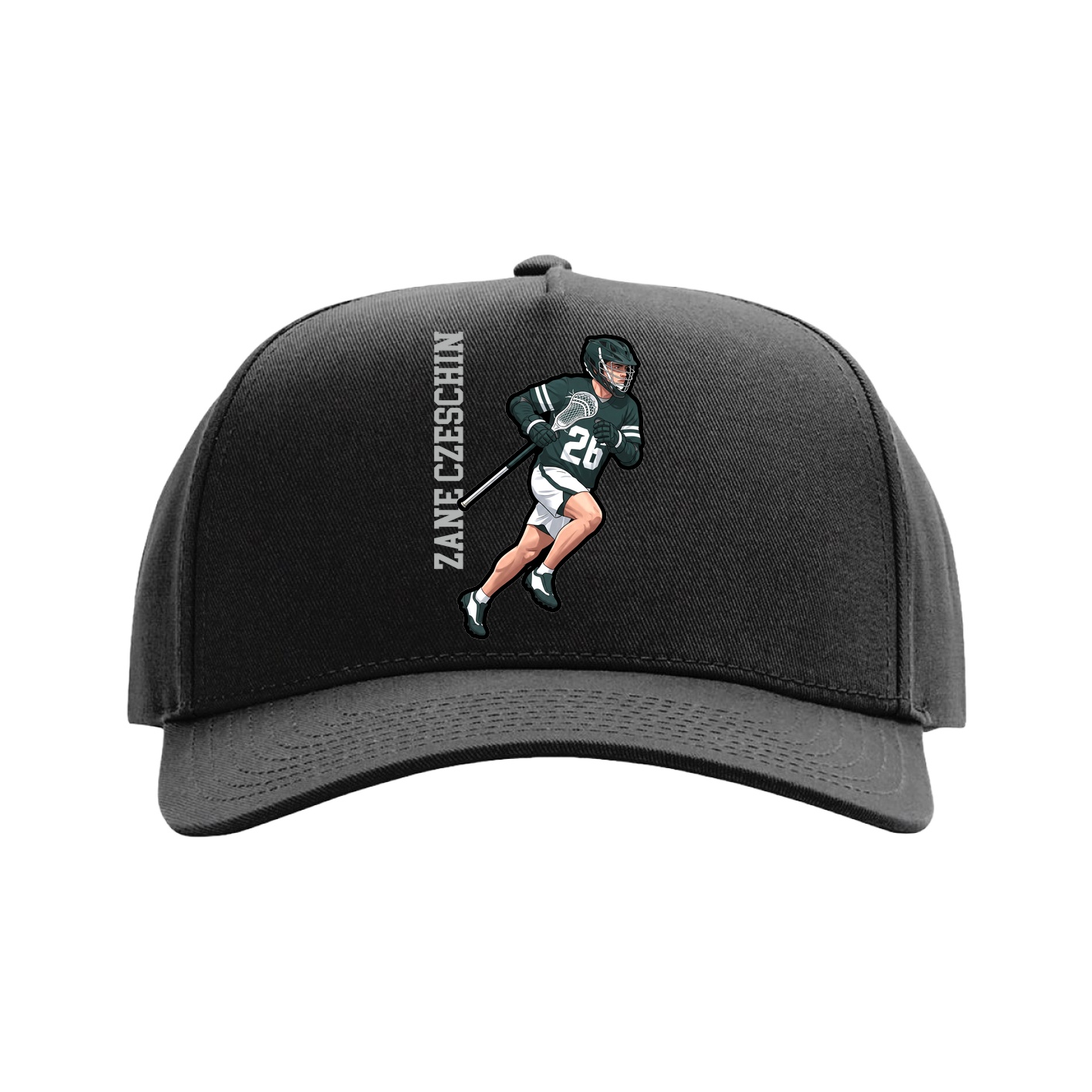 Full Fabric Five-Panel Champ Cap — Name Vertical in Black