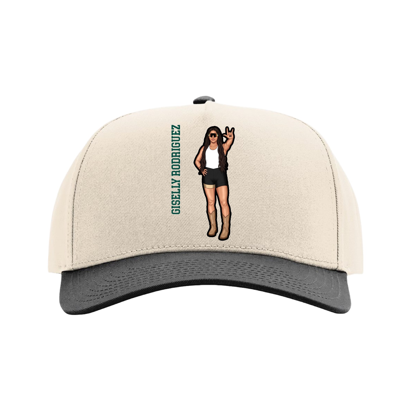 Full Fabric Five-Panel Champ Cap — Name Vertical in Cream/Black