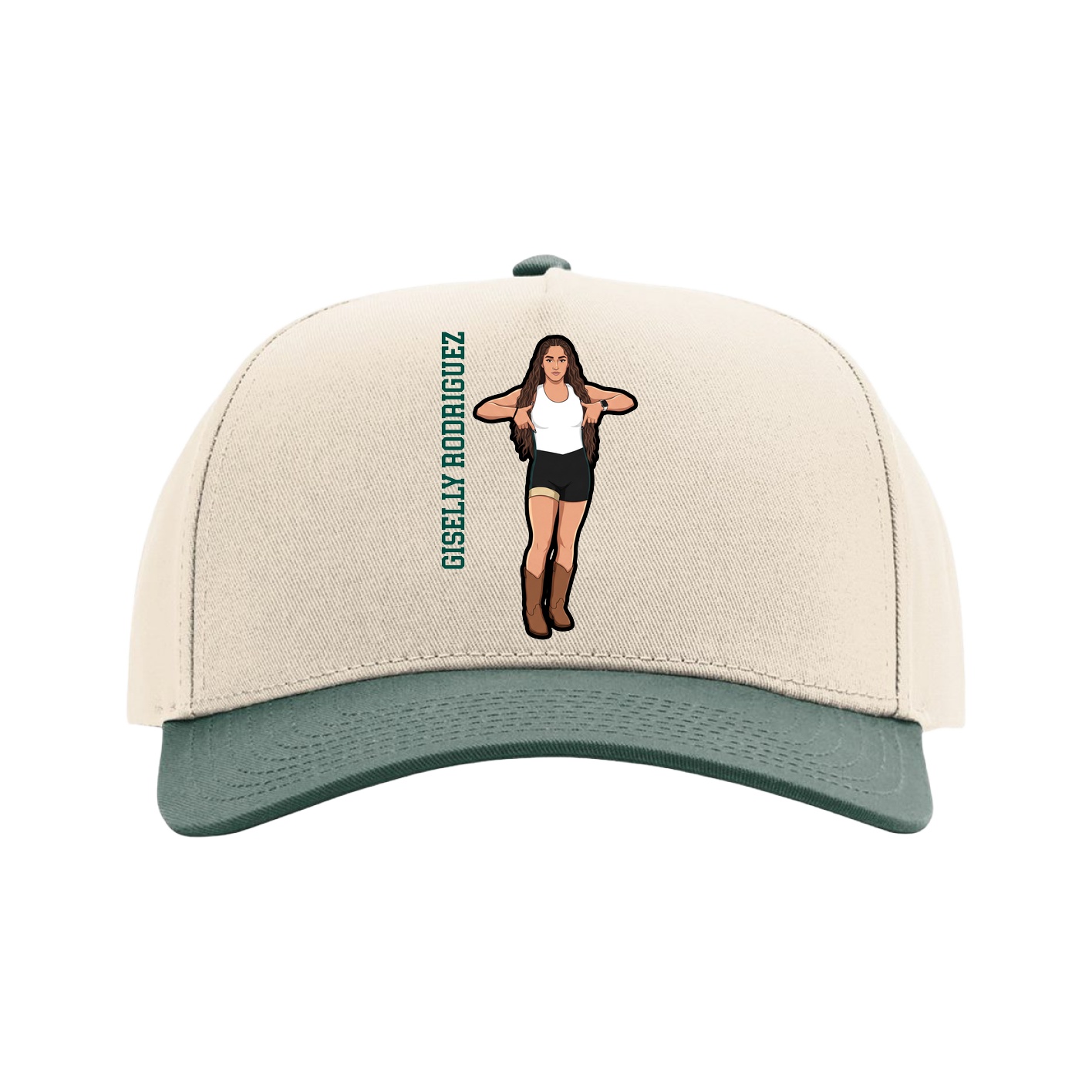 Full Fabric Five-Panel Champ Cap — Name Vertical in Cream/Green