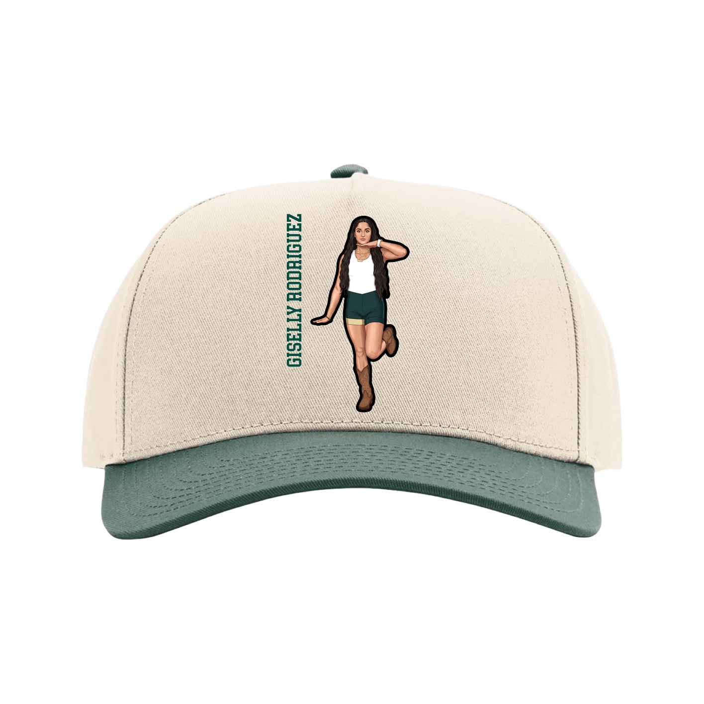 Full Fabric Five-Panel Champ Cap — Name Vertical in Cream/Green