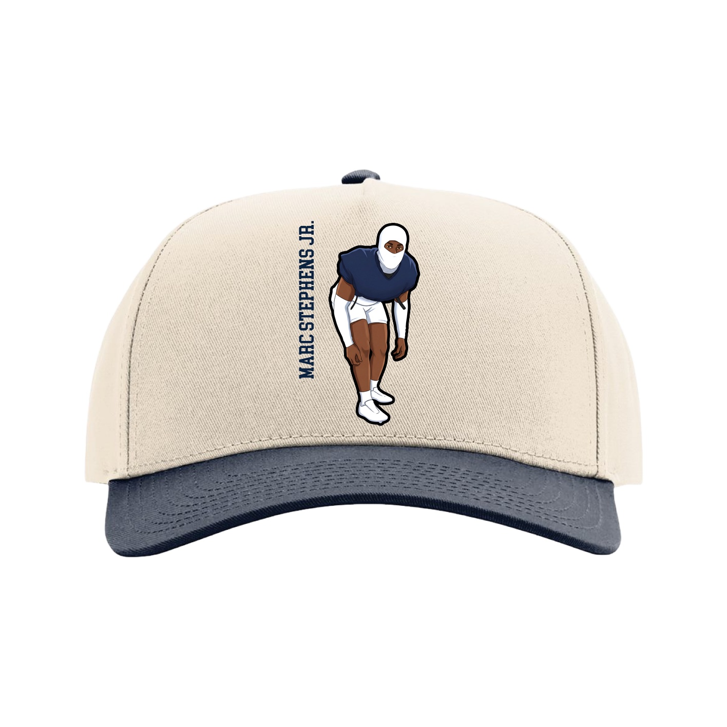 Full Fabric Five-Panel Champ Cap — Name Vertical in Cream/Navy