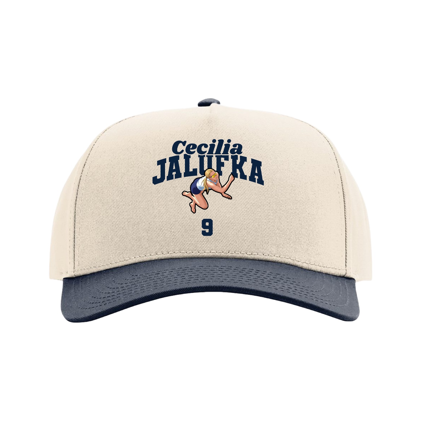 Full Fabric Five-Panel Champ Cap — Signature Arch in Cream/Navy
