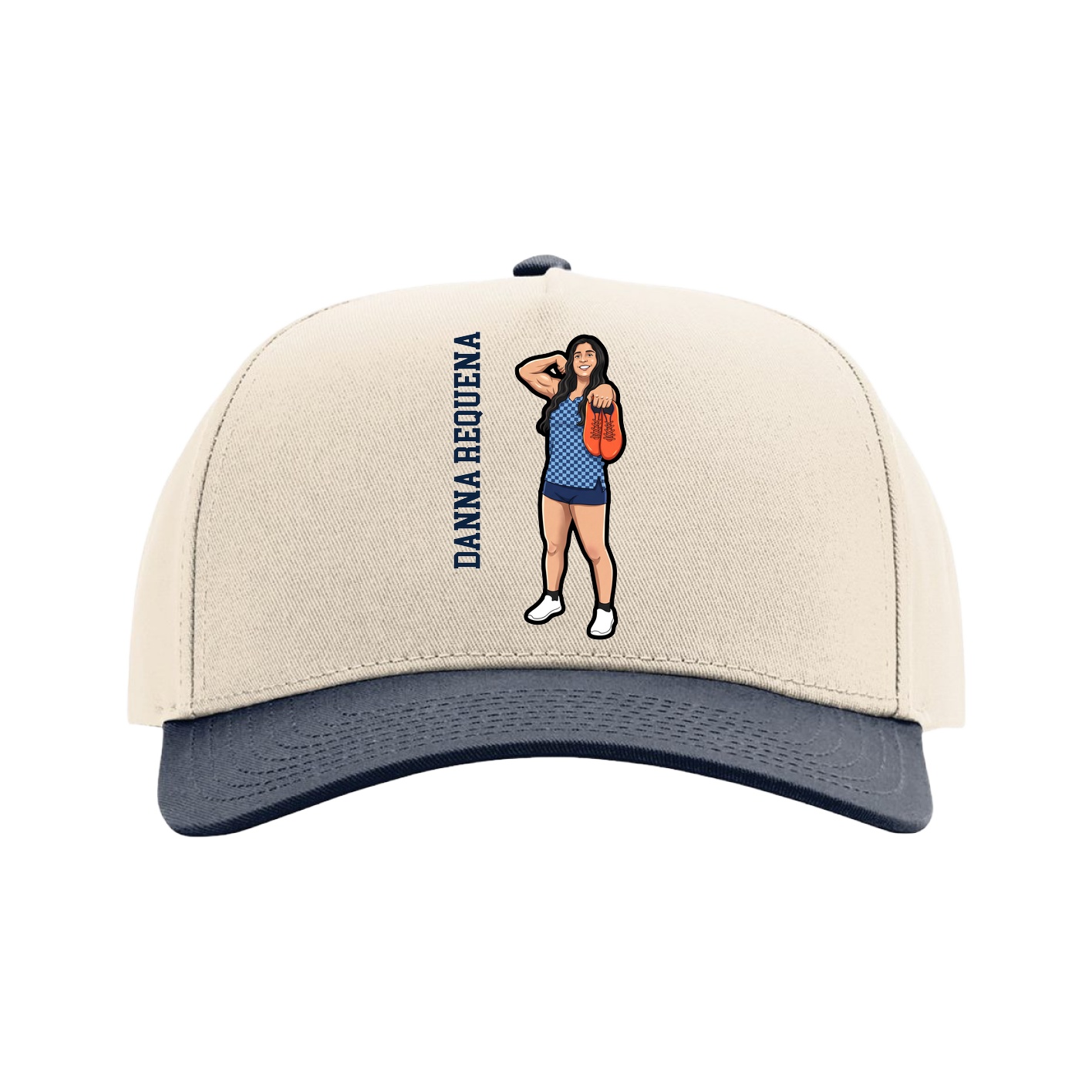 Full Fabric Five-Panel Champ Cap — Name Vertical in Cream/Navy