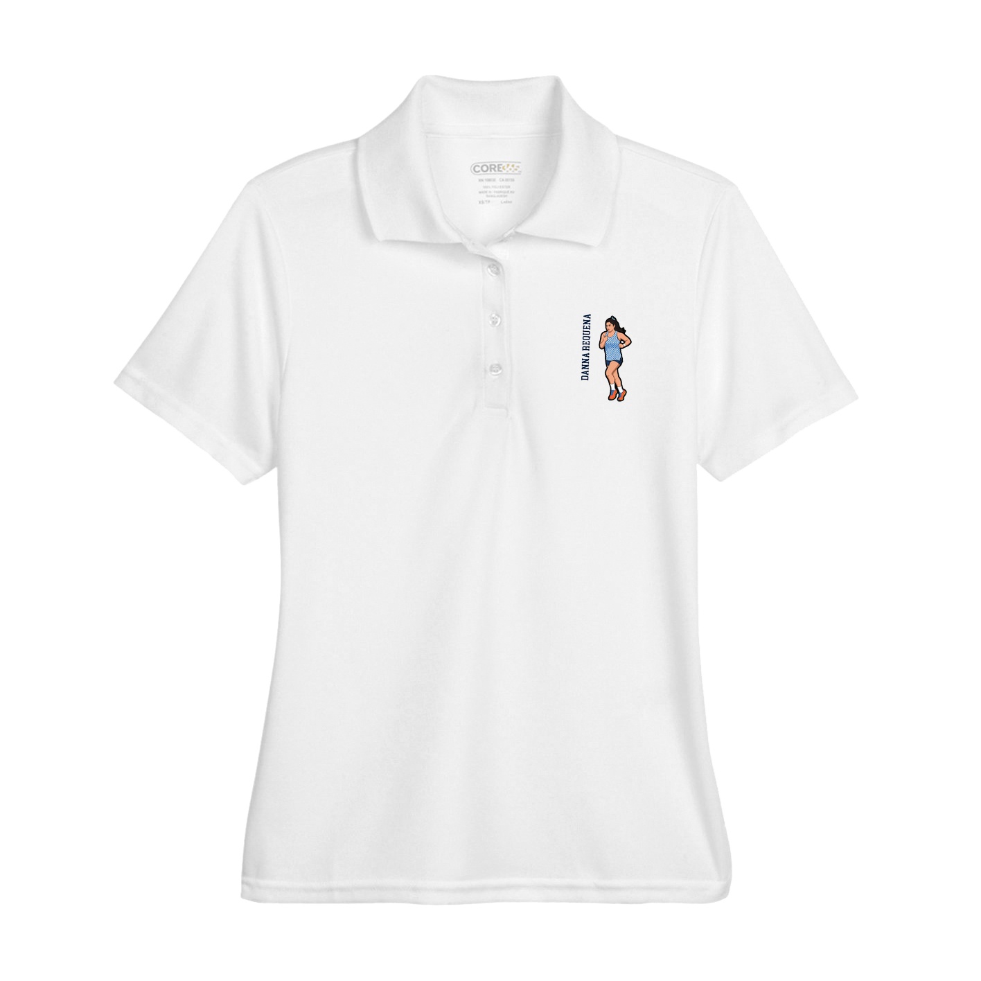 Womens Performance Polo — Name Vertical in White