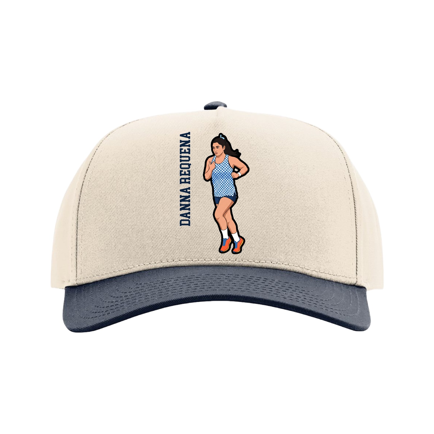 Full Fabric Five-Panel Champ Cap — Name Vertical in Cream/Navy