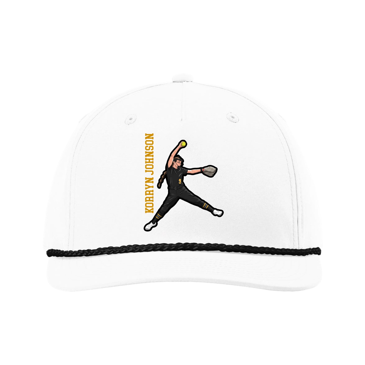 Five-Panel Classic Rope Cap — Name Vertical in White