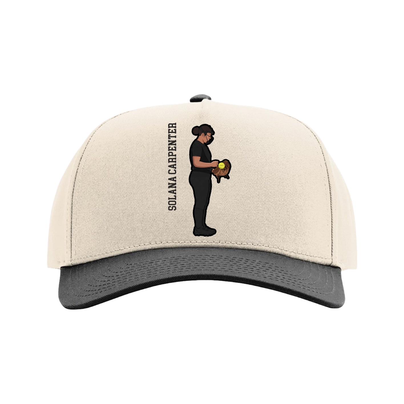 Full Fabric Five-Panel Champ Cap — Name Vertical in Cream/Black