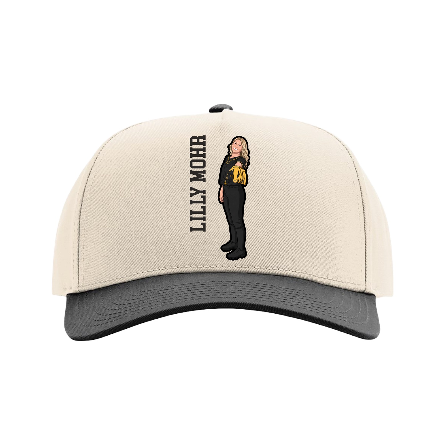 Full Fabric Five-Panel Champ Cap — Name Vertical in Cream/Black