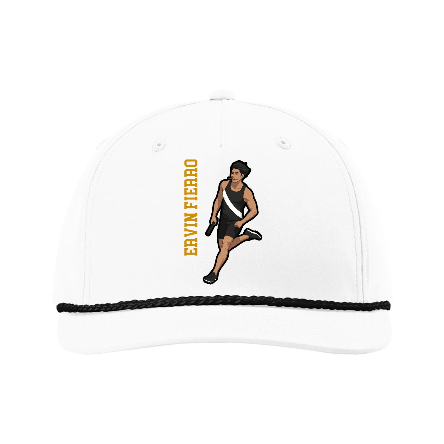 Five-Panel Classic Rope Cap — Name Vertical in White