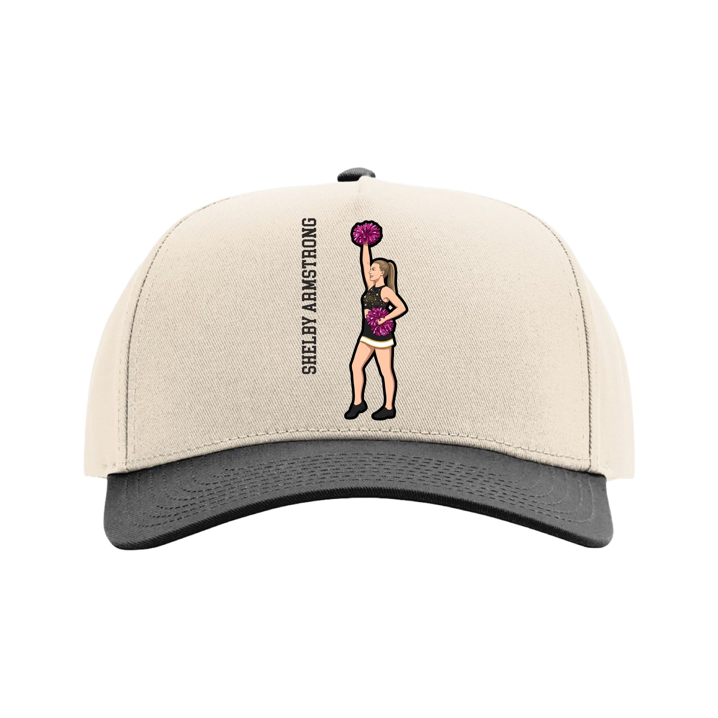 Full Fabric Five-Panel Champ Cap — Name Vertical in Cream/Black