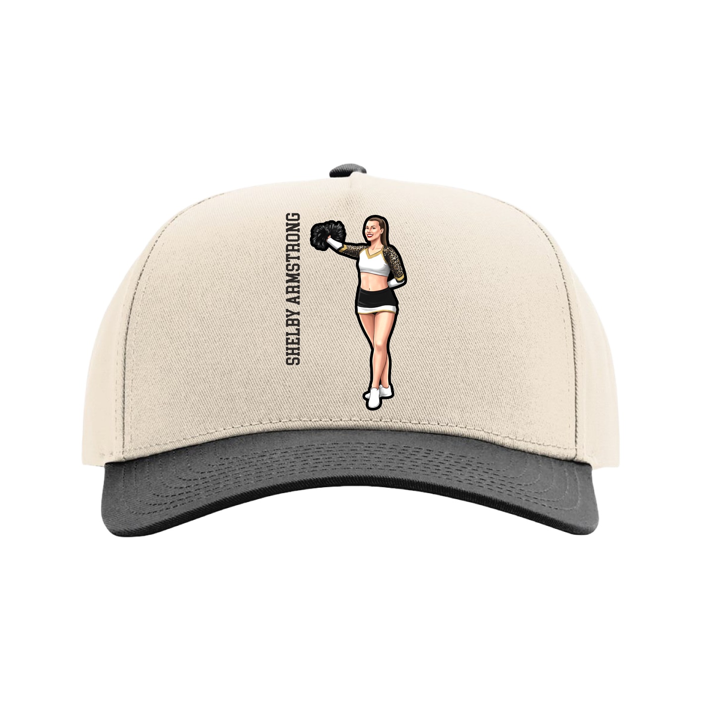 Full Fabric Five-Panel Champ Cap — Name Vertical in Cream/Black