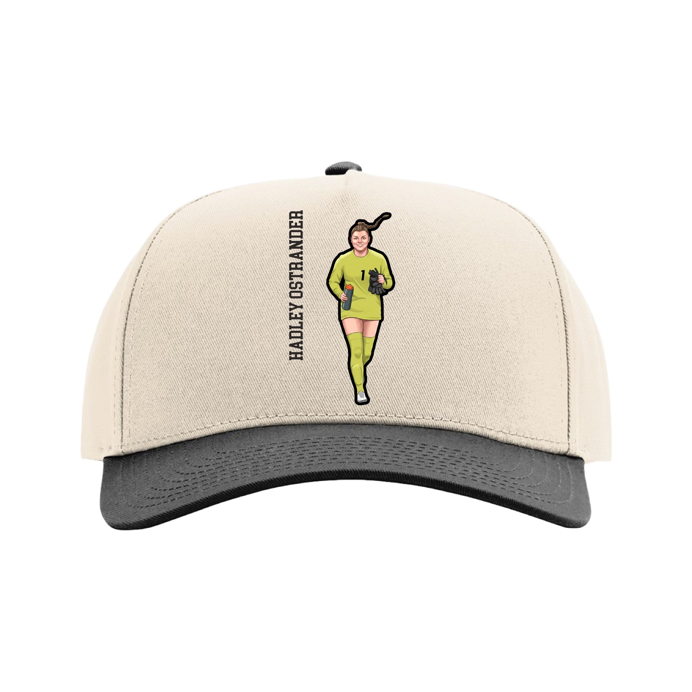 Full Fabric Five-Panel Champ Cap — Name Vertical in Cream/Black