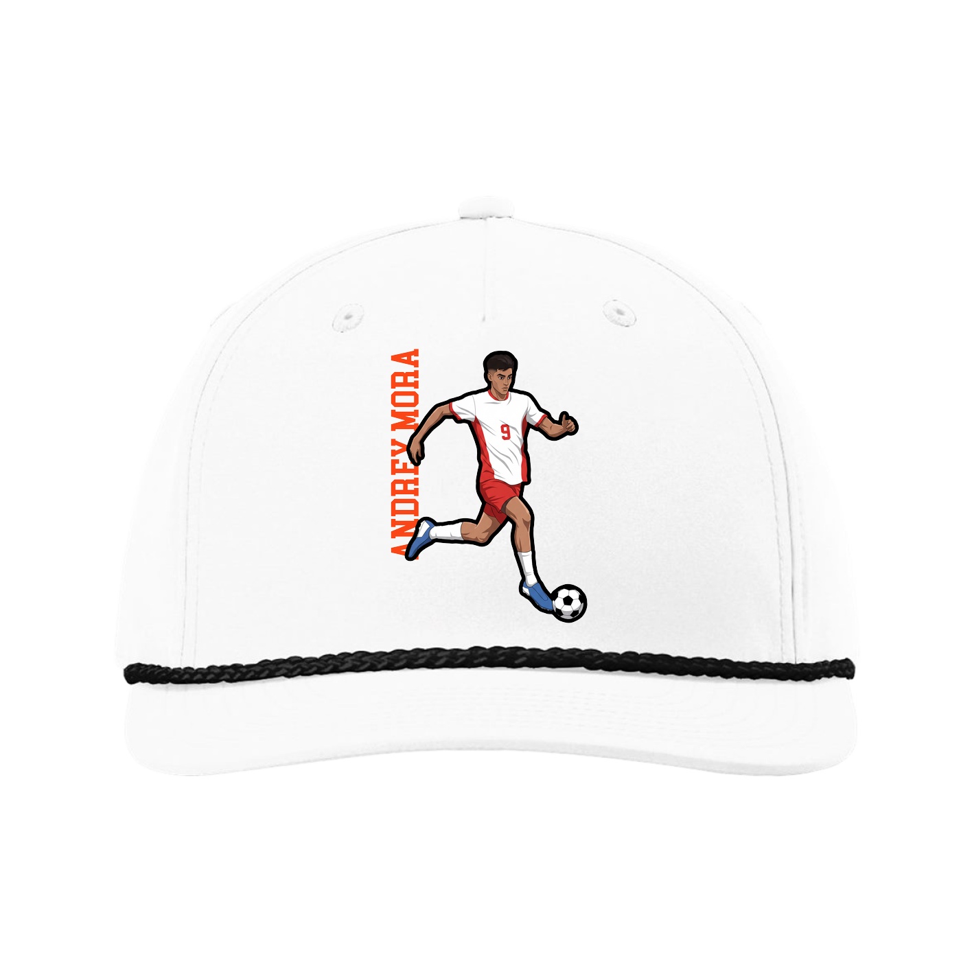 Five-Panel Classic Rope Cap — Name Vertical in White