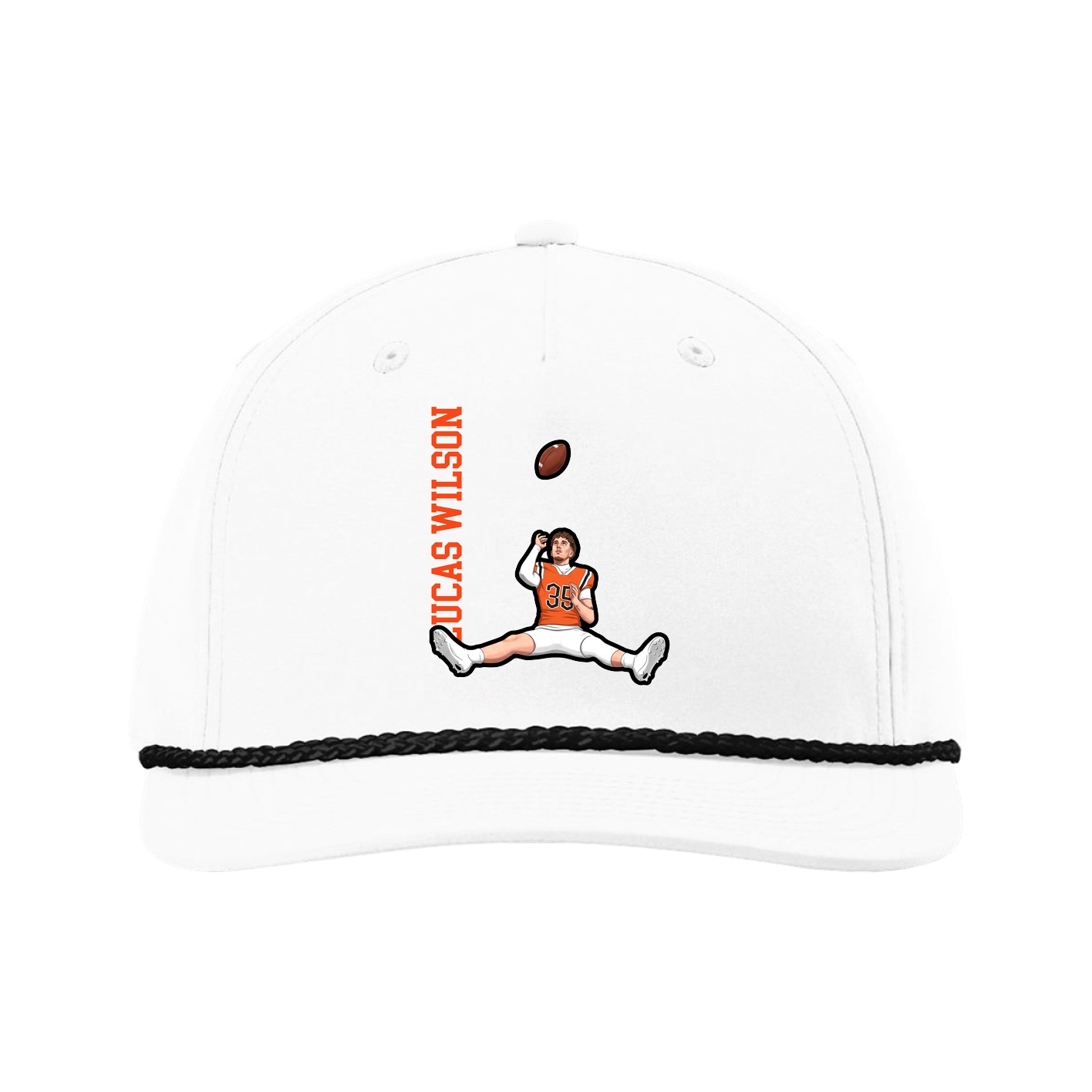 Five-Panel Classic Rope Cap — Name Vertical in White