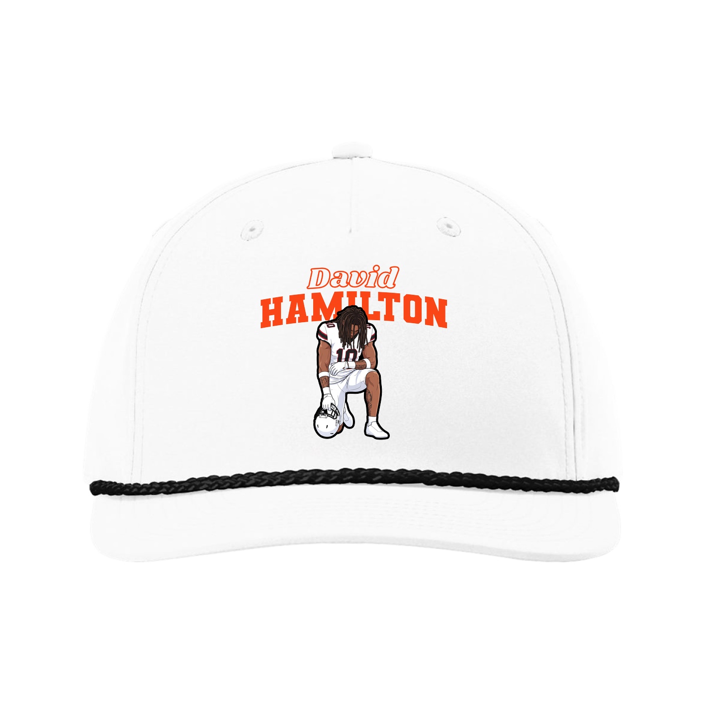 Five-Panel Classic Rope Cap — Name Arch in White