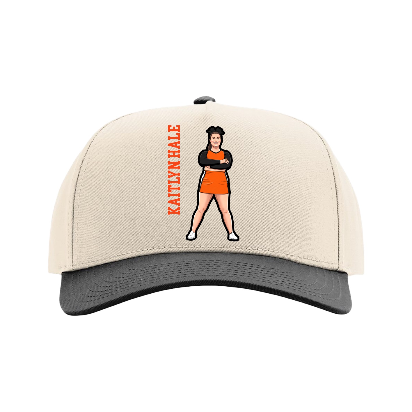 Full Fabric Five-Panel Champ Cap — Name Vertical in Cream/Black