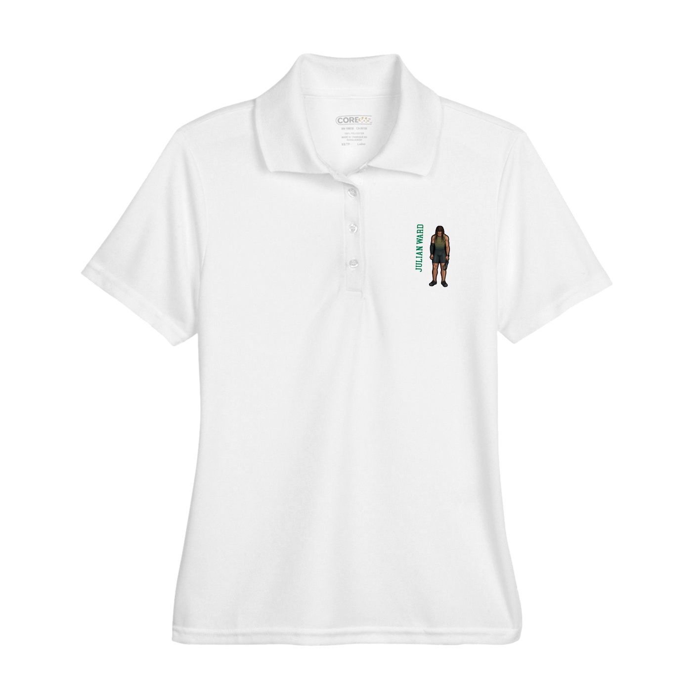 Womens Performance Polo — Name Vertical in White