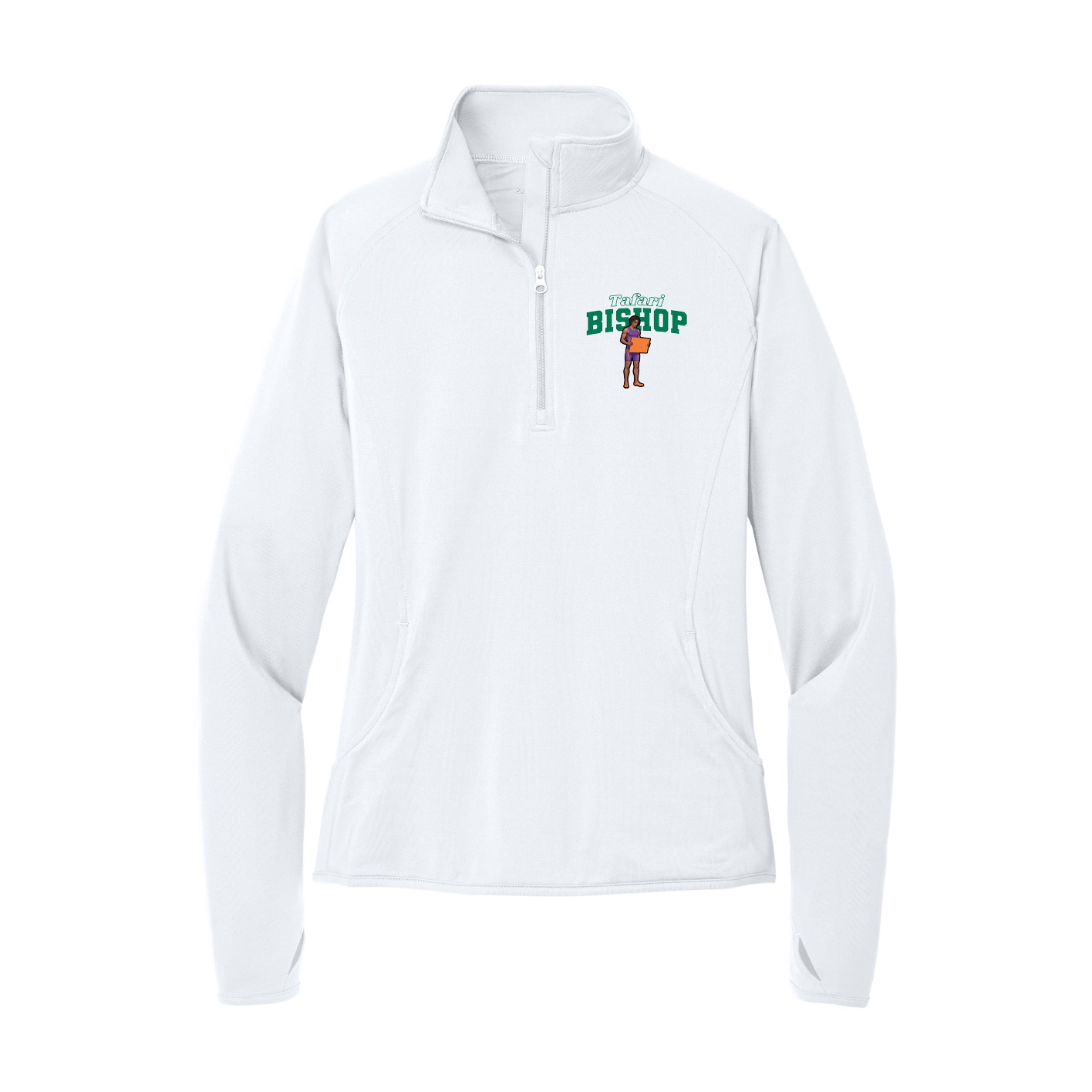 Women's Q-Zip Pullover — Name Arch in White
