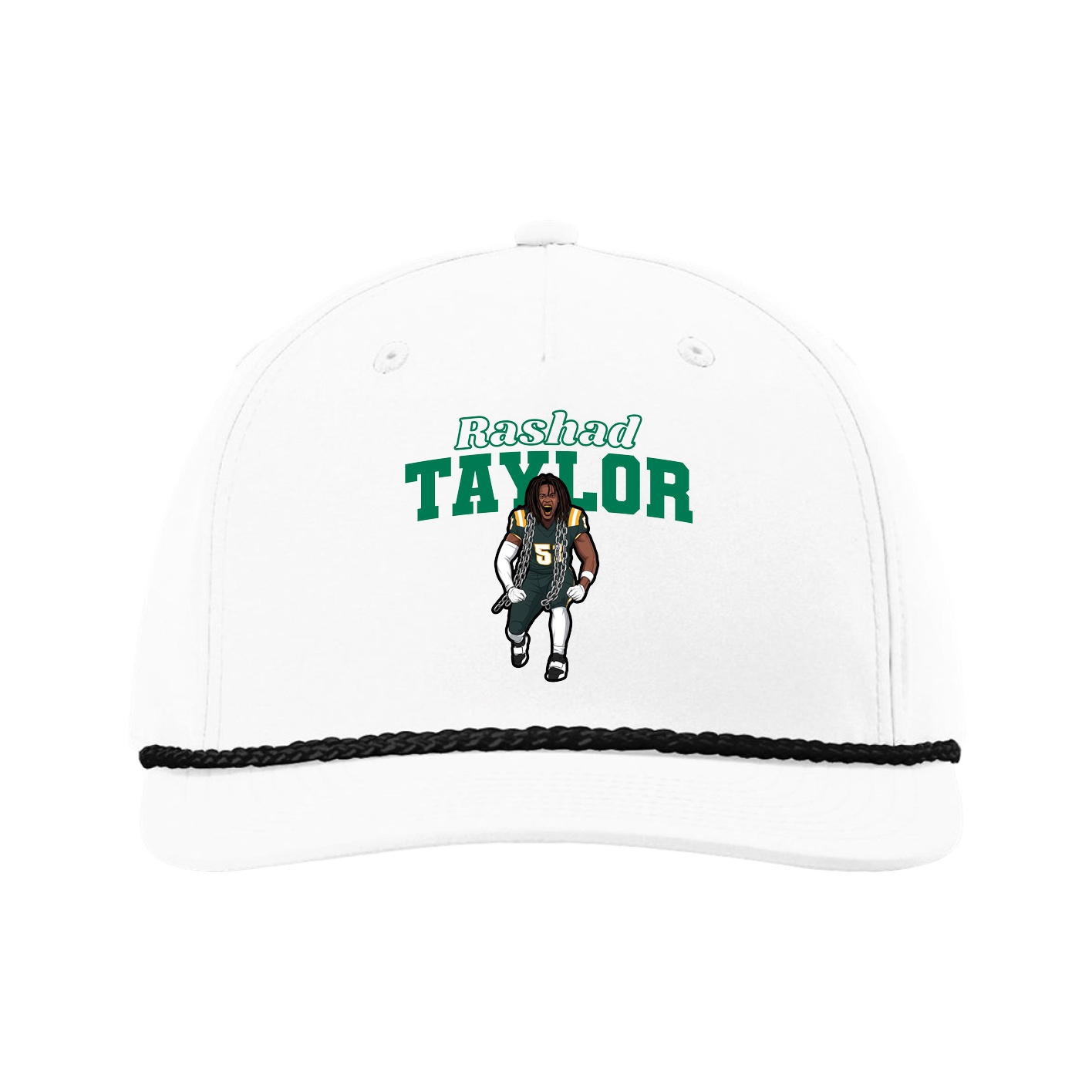 Five-Panel Classic Rope Cap — Name Arch in White