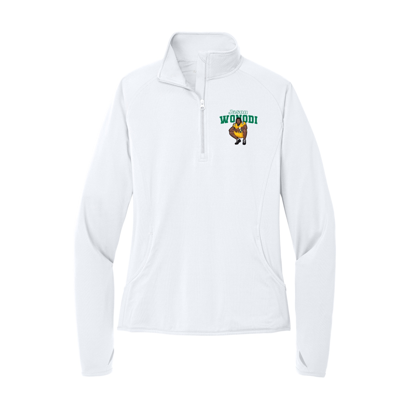 Women's Q-Zip Pullover — Name Arch in White