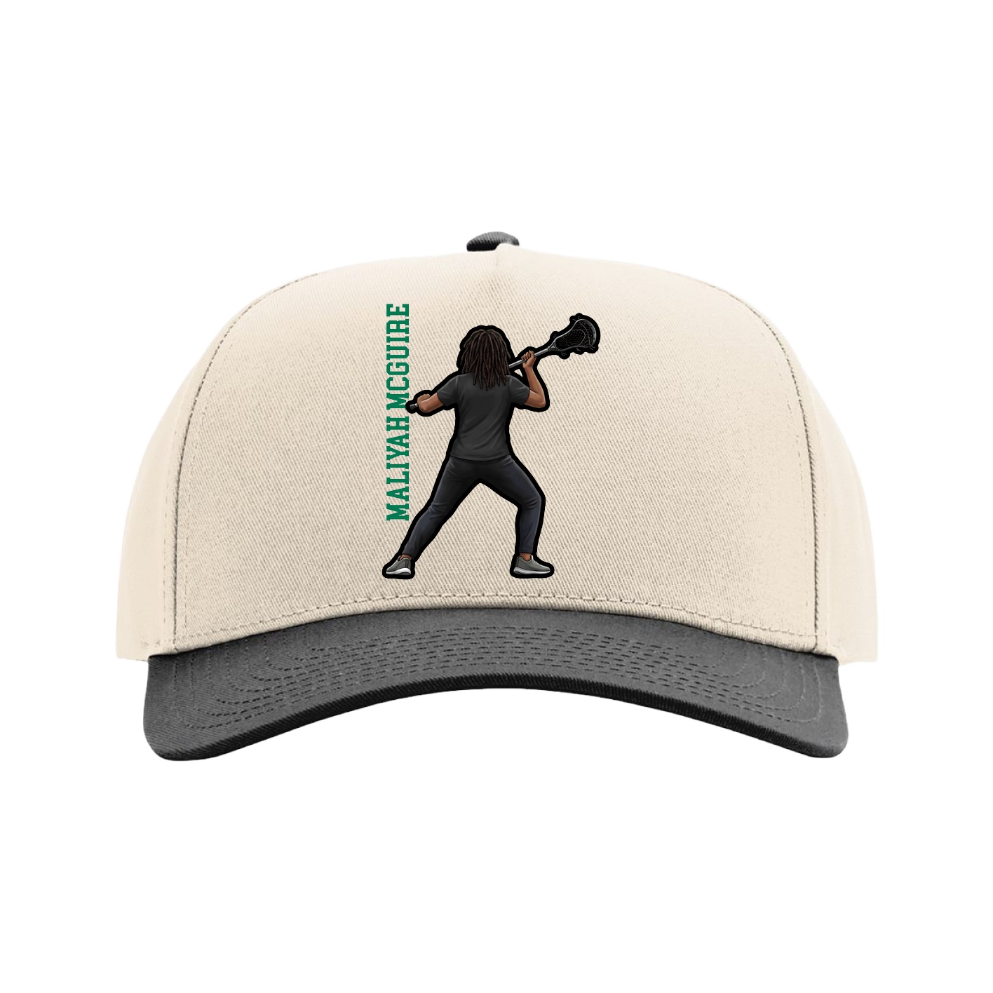Full Fabric Five-Panel Champ Cap — Name Vertical in Cream/Black