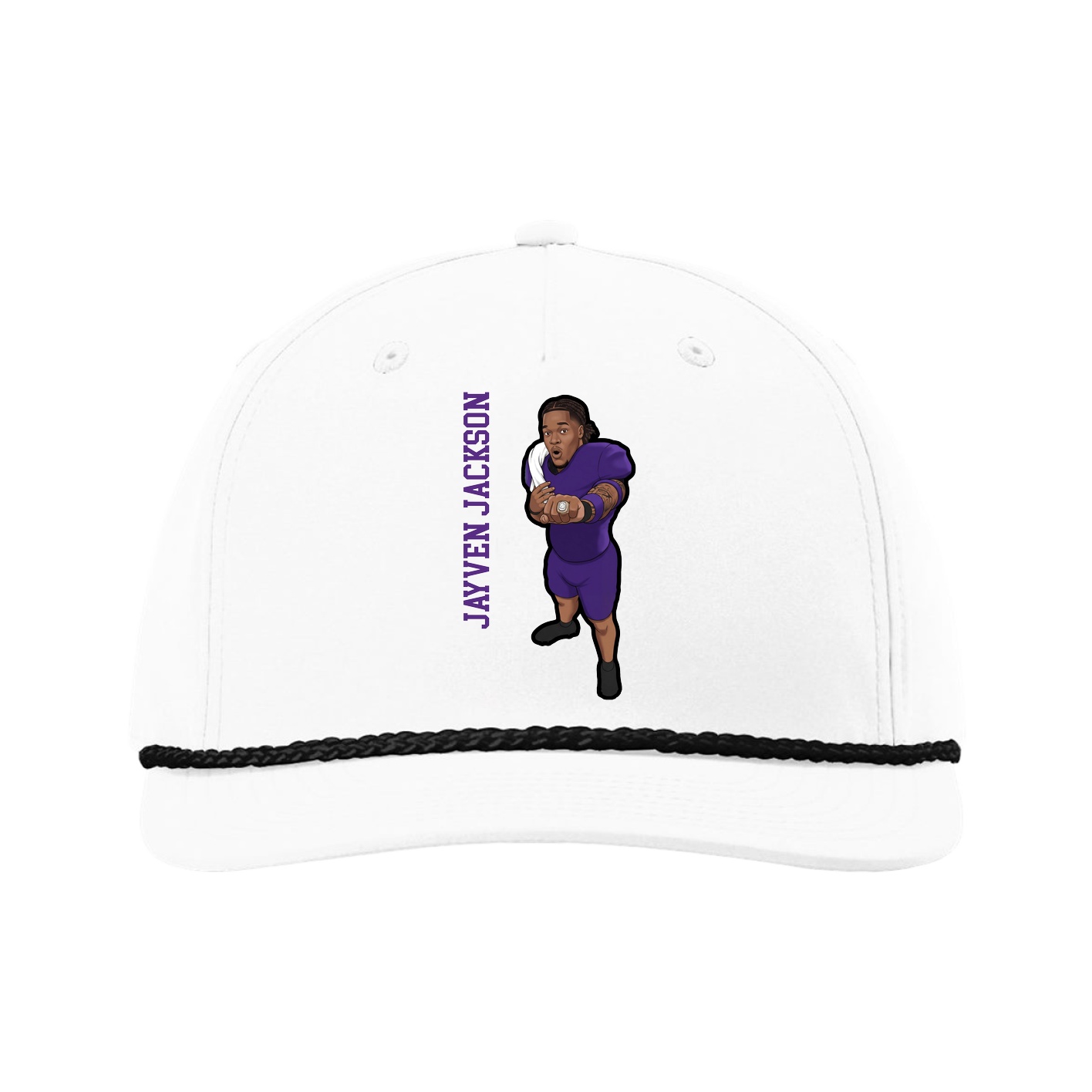 Five-Panel Classic Rope Cap — Name Vertical in White