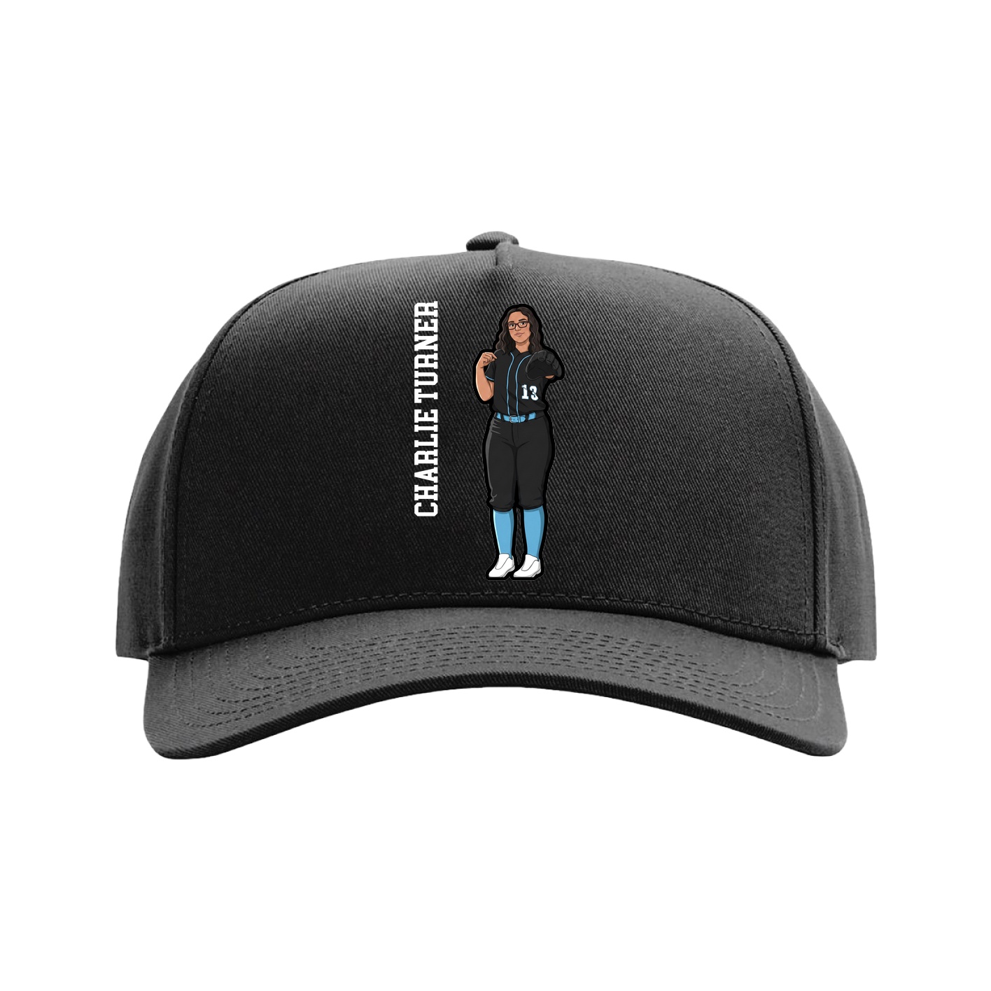 Full Fabric Five-Panel Champ Cap — Name Vertical in Black