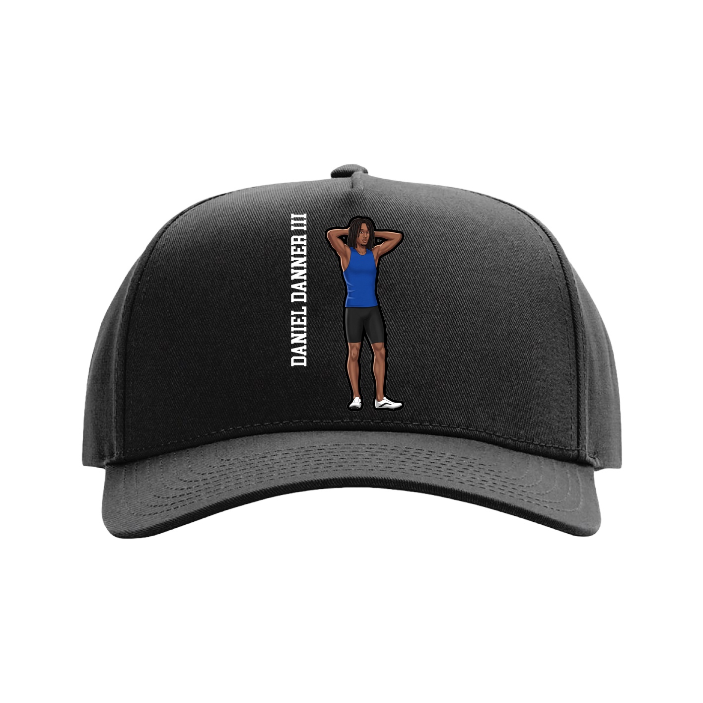 Full Fabric Five-Panel Champ Cap — Name Vertical in Black