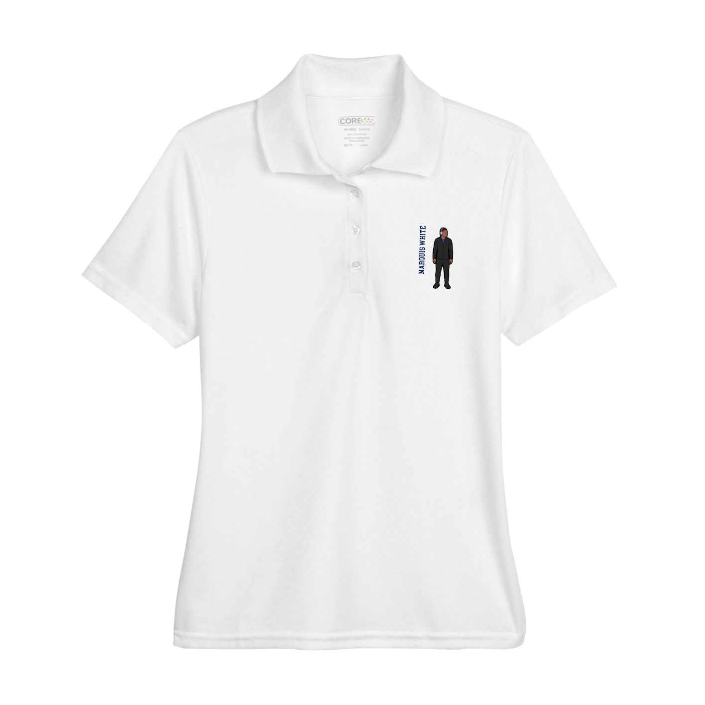 Womens Performance Polo — Name Vertical in White